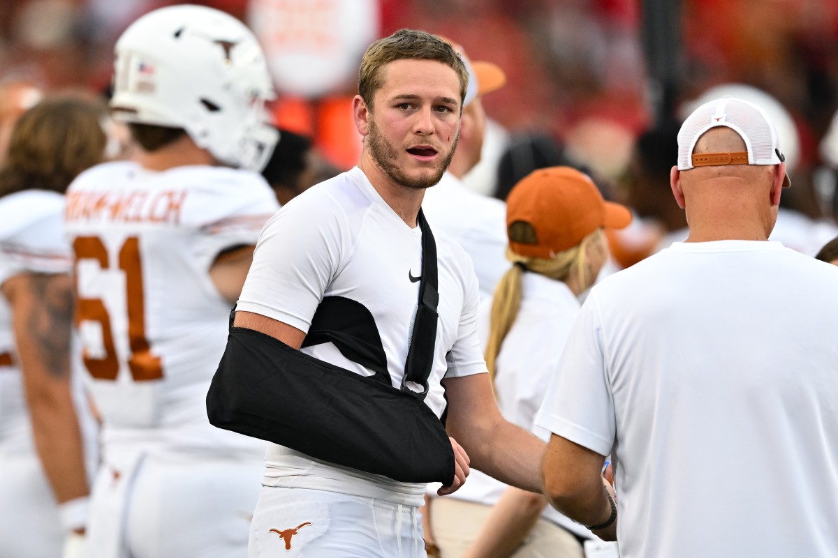 Texas Longhorns QB Quinn Ewers in a sling after his injury vs. the Houston Cougars