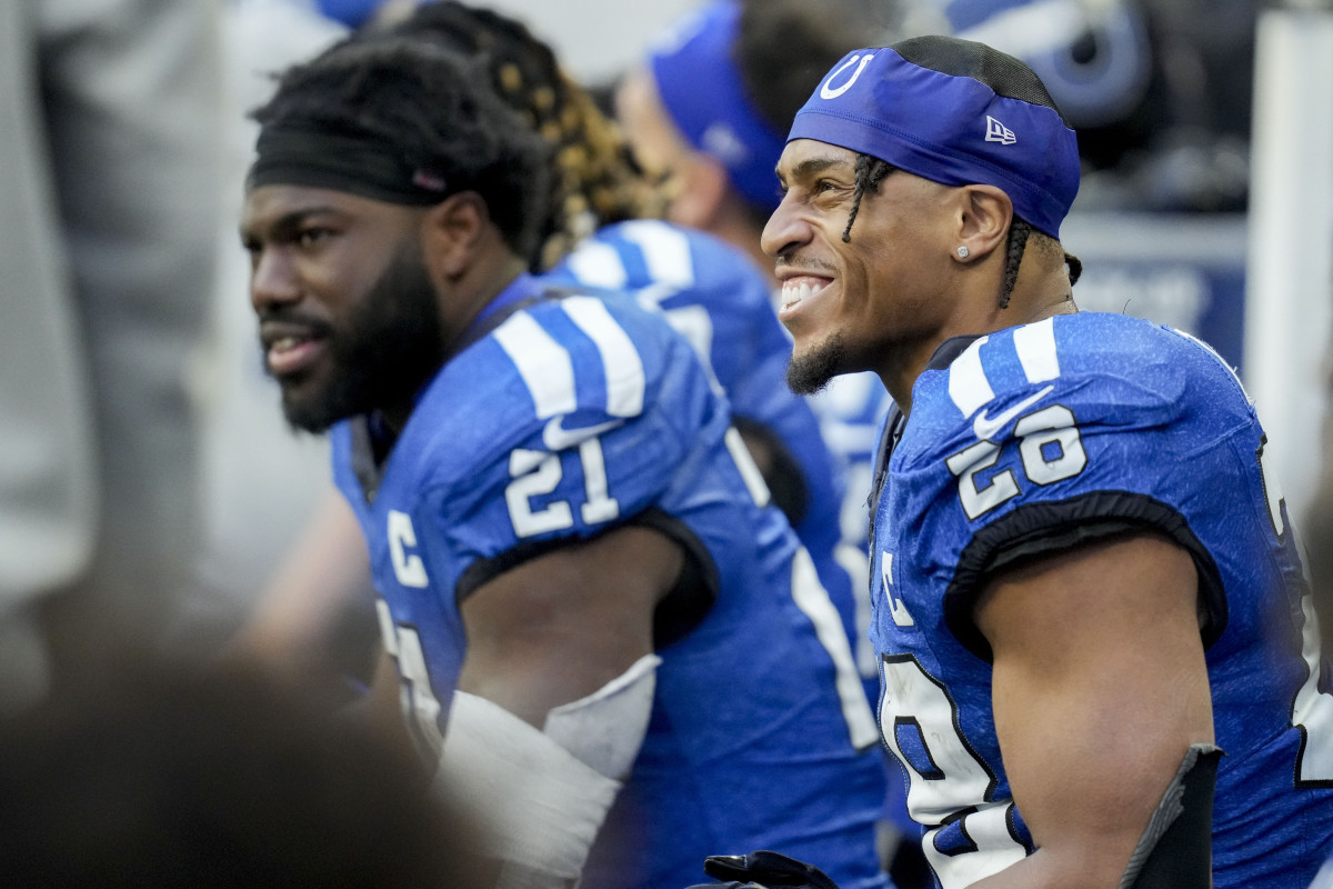 Oct 22, 2023; Indianapolis, Indiana, USA; Indianapolis Colts running back Jonathan Taylor (28) smiles on the bench during a game against the Cleveland Browns at Lucas Oil Stadium at Lucas Oil Stadium.