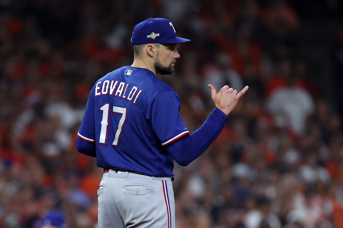 Oct 22, 2023; Houston, Texas, USA; Texas Rangers starting pitcher Nathan Eovaldi (17) reacts against the Houston Astros in the first inning during game six of the ALCS for the 2023 MLB playoffs at Minute Maid Park. Mandatory Credit: Troy Taormina-USA TODAY Sports