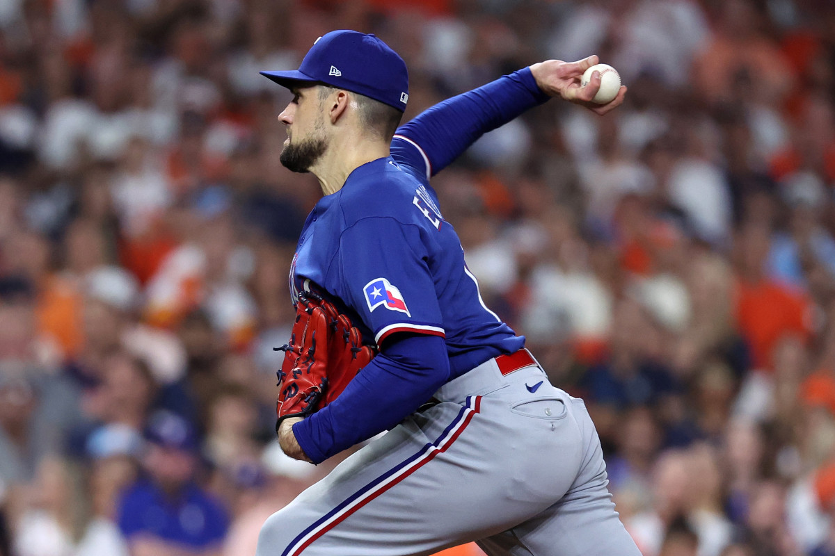 Oct 22, 2023; Houston, Texas, USA; Texas Rangers starting pitcher Nathan Eovaldi (17) throws a pitch in the first inning during game six of the ALCS for the 2023 MLB playoffs at Minute Maid Park. Mandatory Credit: Troy Taormina-USA TODAY Sports