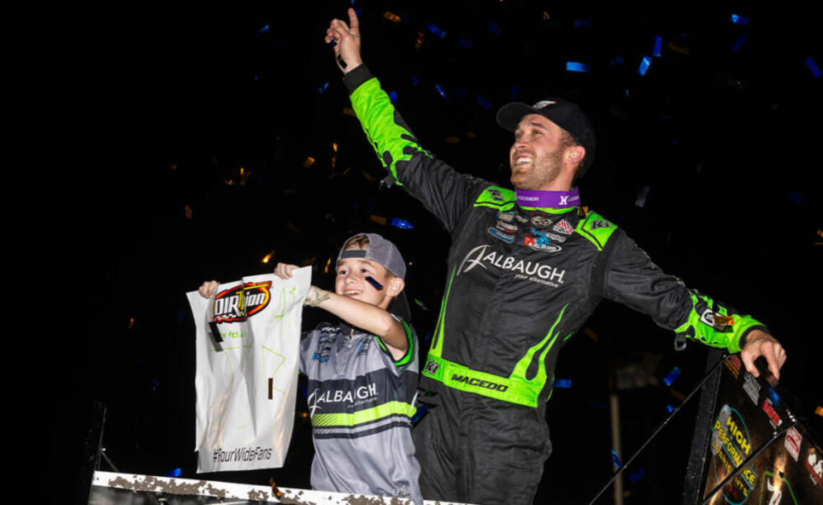 Carson Macedo celebrates his first-ever win at Devil's Bowl. Photo courtesy Trent Gower.