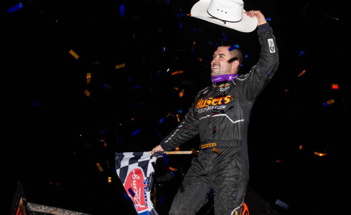 David Gravel celebrates earning the final World of Outlaws win at Devil's Bowl Speedway. Photo courtesy Trent Gower.