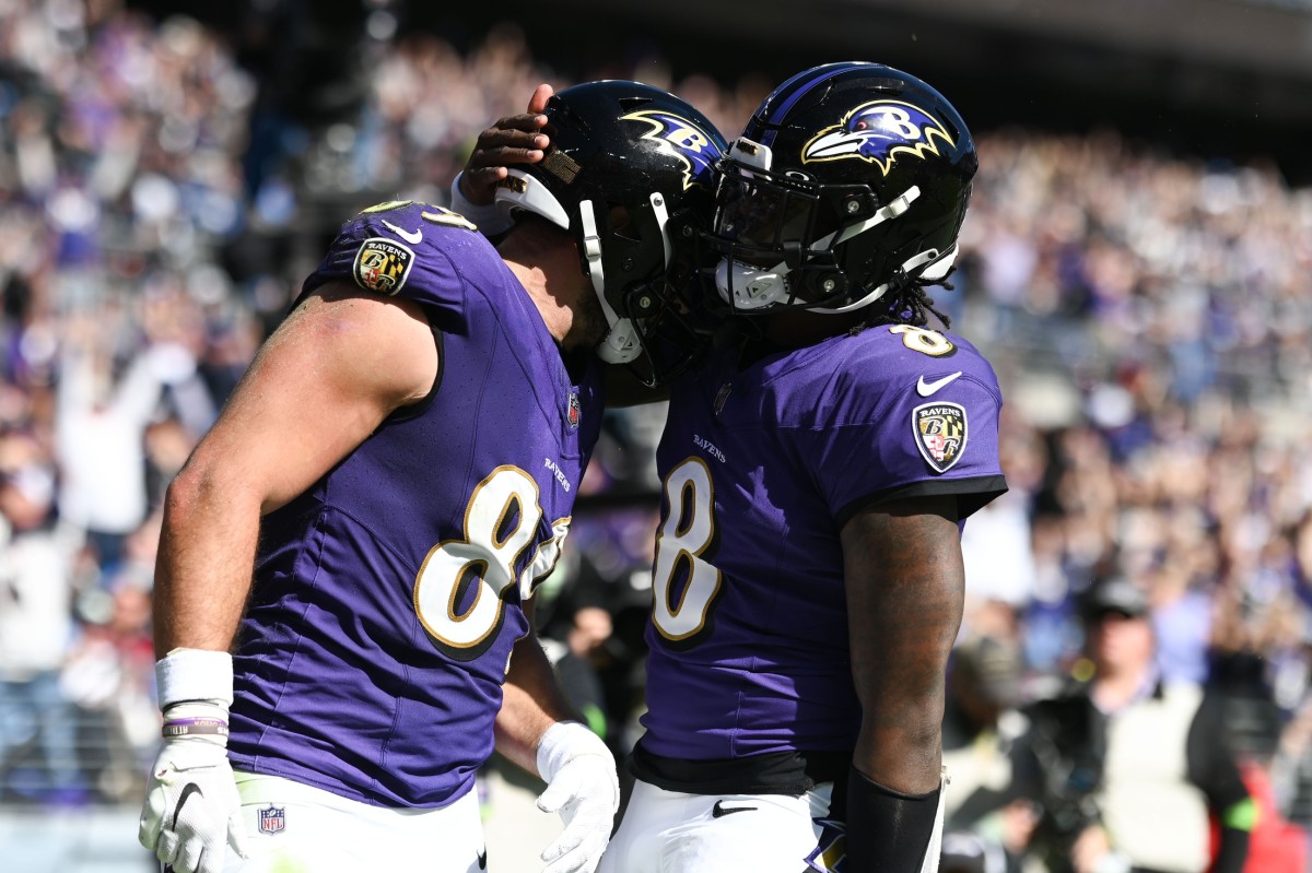 Ravens tight end Mark Andrews and quarterback Lamar Jackson celebrate their rout of the Lions in Week 7.