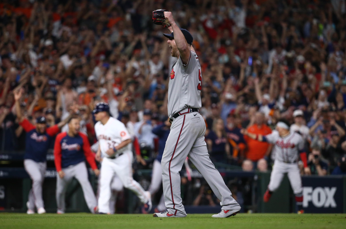 Nov 2, 2021; Houston, TX, USA; Atlanta Braves relief pitcher Will Smith celebrates after recording the final out against the Houston Astros in game six of the 2021 World Series at Minute Maid Park.
