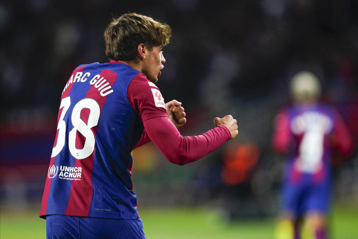 Marc Guiu pictured celebrating after scoring his first Barcelona goal in a 1-0 win over Athletic Bilbao on his La Liga debut in October 2023