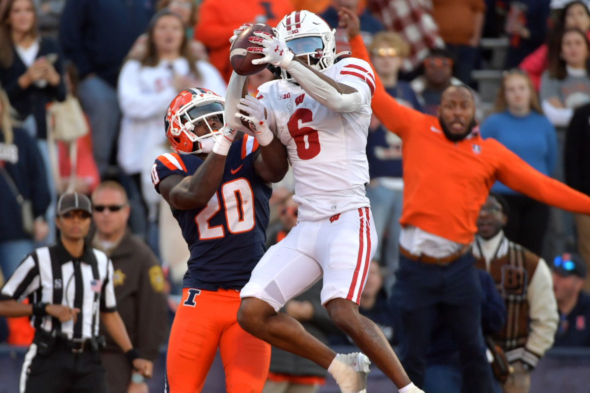 Oct 21, 2023; Champaign, Illinois, USA; Wisconsin Badgers wide receiver Will Pauling (6) grabs a touchdown pass in front of Wisconsin Badgers defensive back Tyler Strain (20) during the second half at Memorial Stadium. Mandatory Credit: Ron Johnson-USA TODAY Sports