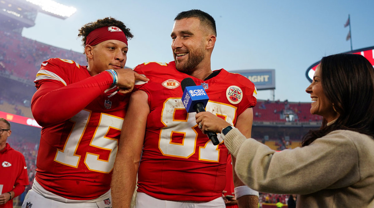 Patrick Mahomes and Travis Kelce are interviewed together after another Chiefs win