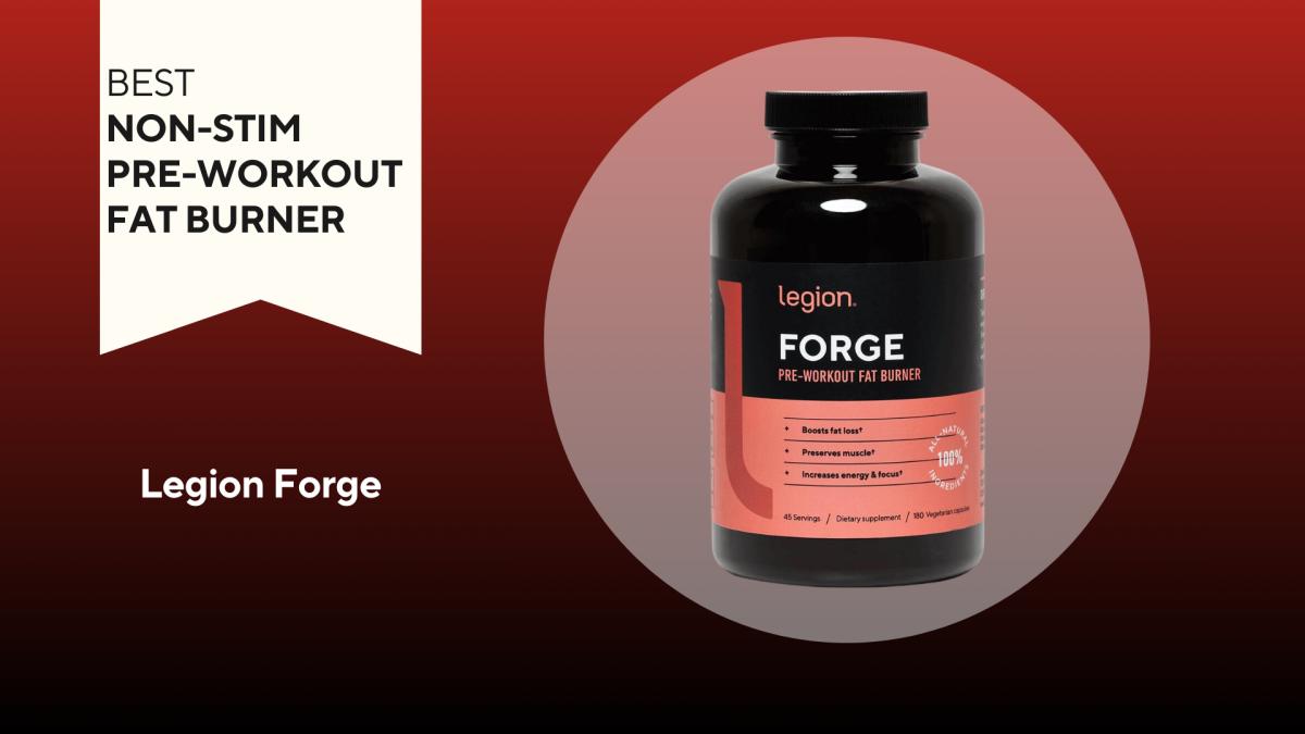 A red background with a white banner reading "Best Non-Stim Pre-Workout Fat Burner" next to a black and coral colored container of Legion Forge Pre-Workout Fat Burner