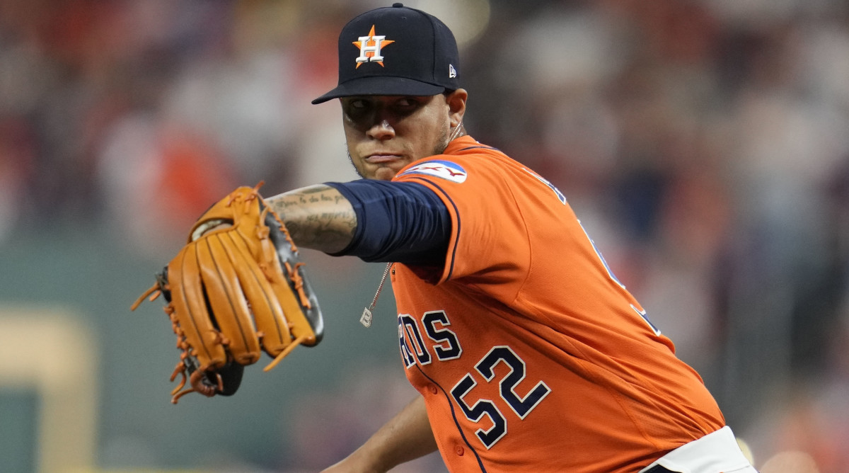 Houston Astros relief pitcher Bryan Abreu throws during the eighth inning of Game 6 of the baseball AL Championship Series against the Texas Rangers.