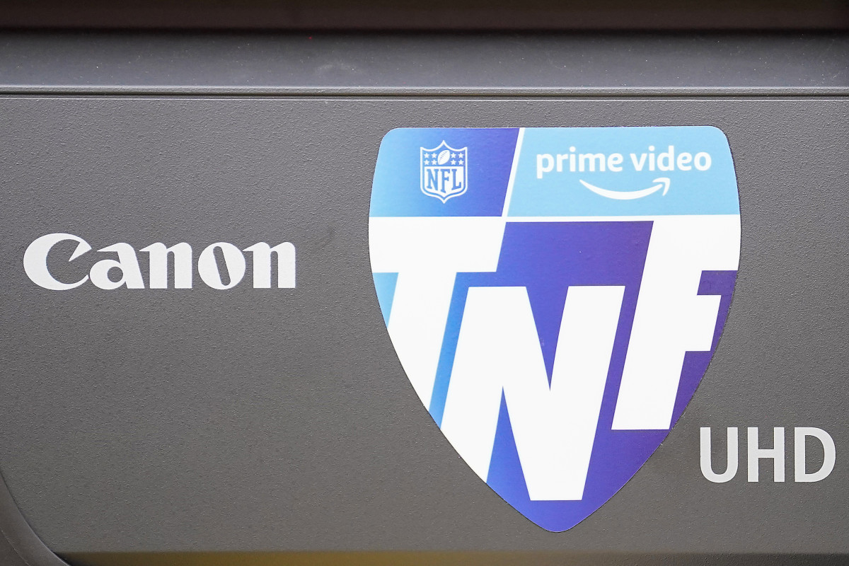A close up of the Amazon Prime Video Thursday Night Football logo on a TV camera