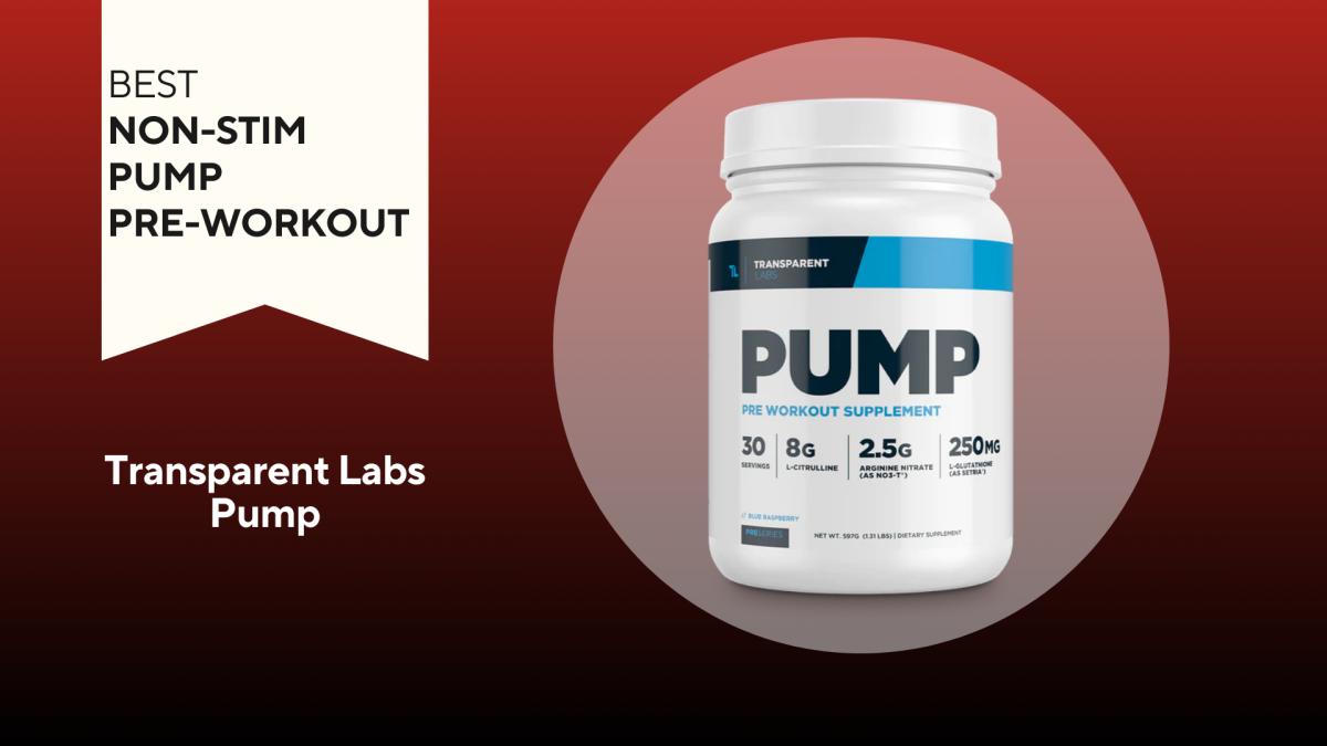 A red background with a white banner reading "Best Non-Stim Pump Pre-Workout" next to a white and navy container of Transparent Labs Pre-Workout Supplement