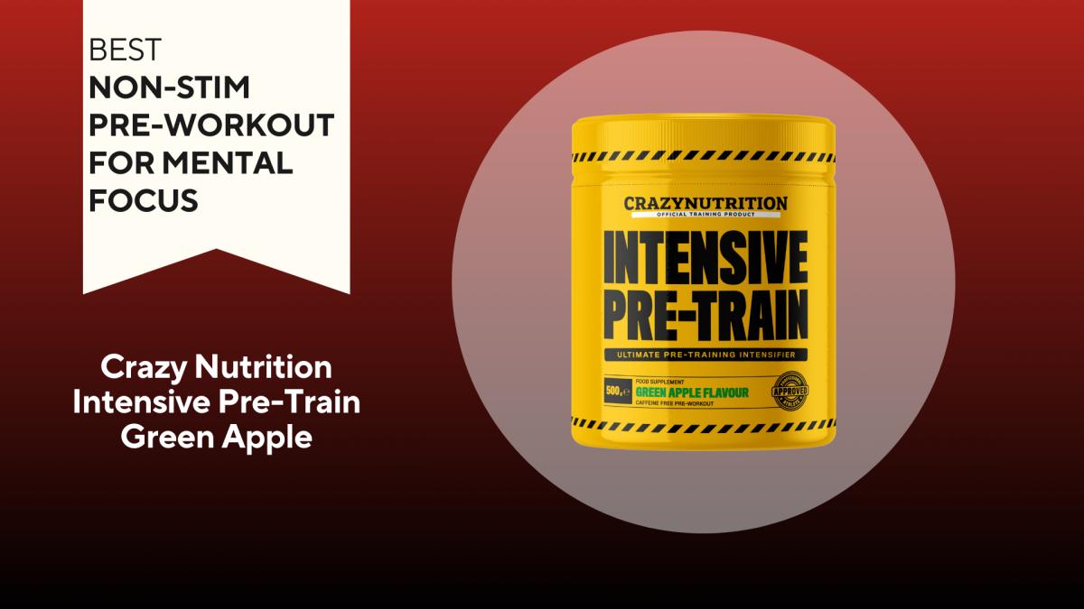 A red background with a white banner reading "Best Non-Stim Pre-Workout for Mental Focus" next to a yellow and black container of Crazy Nutrition Intensive Pre-Train in Green Apple flavor