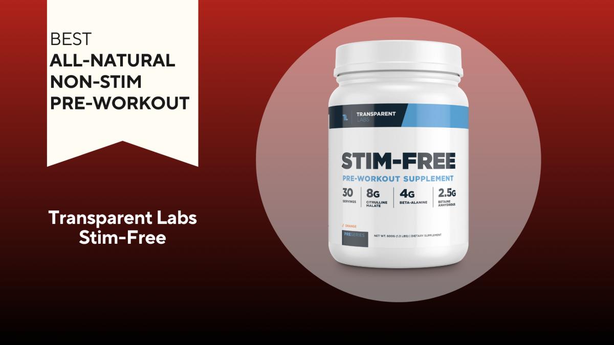 A red background with a white banner reading "Best All-Natural Non-Stim Pre-Workout" next to a white and navy container of Transparent Labs Stim-Free Pre-Workout Supplement
