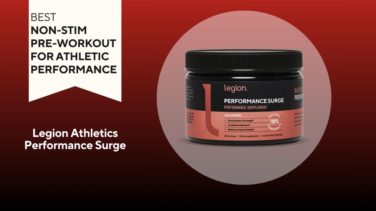 A red background with a white banner reading "Best Non-Stim Pre-Workout for Athletic Performance" next to a black and coral colored container of Legion Performance Surge