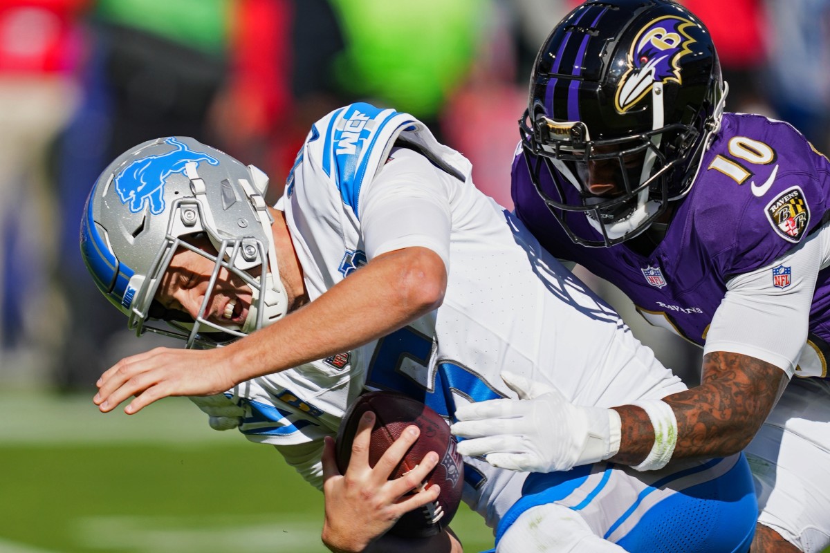 The Ravens sacked Lions quarterback Jared Goff five times in their rout of Detroit in Week 7.