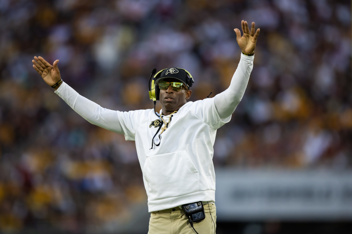 Colorado Buffaloes head coach Deion Sanders reacts against the Arizona State Sun Devils in the second half at Mountain America Stadium