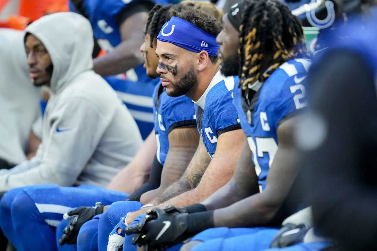 Oct 22, 2023; Indianapolis, Indiana, USA; Indianapolis Colts wide receiver Michael Pittman Jr. (11) sits on the bench Sunday, Oct. 22, 2023, during a game against the Cleveland Browns at Lucas Oil Stadium. Mandatory Credit: Jenna Watson-USA TODAY Sports