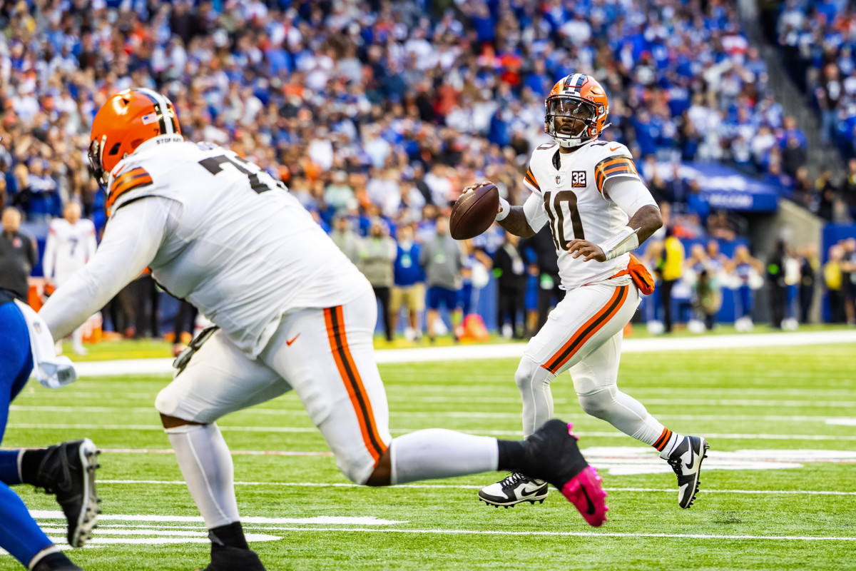 Oct 22, 2023; Indianapolis, Indiana, USA; Cleveland Browns quarterback PJ Walker (10) drops back to pass the ball in the second halfagainst the Indianapolis Colts at Lucas Oil Stadium