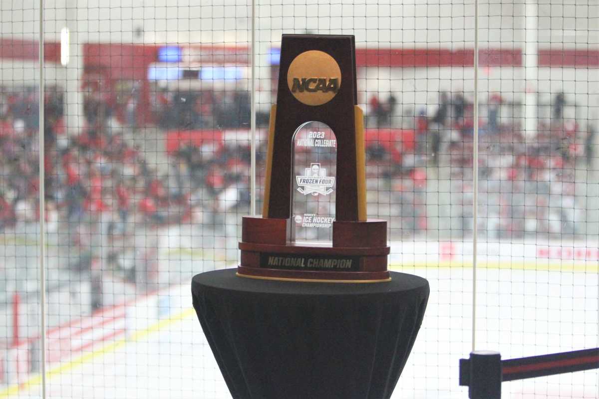 The 2023 NCAA championship trophy is on display in the lobby of LaBahn Arena in Madison, Wis. as the Wisconsin women's hockey team plays Boston College.