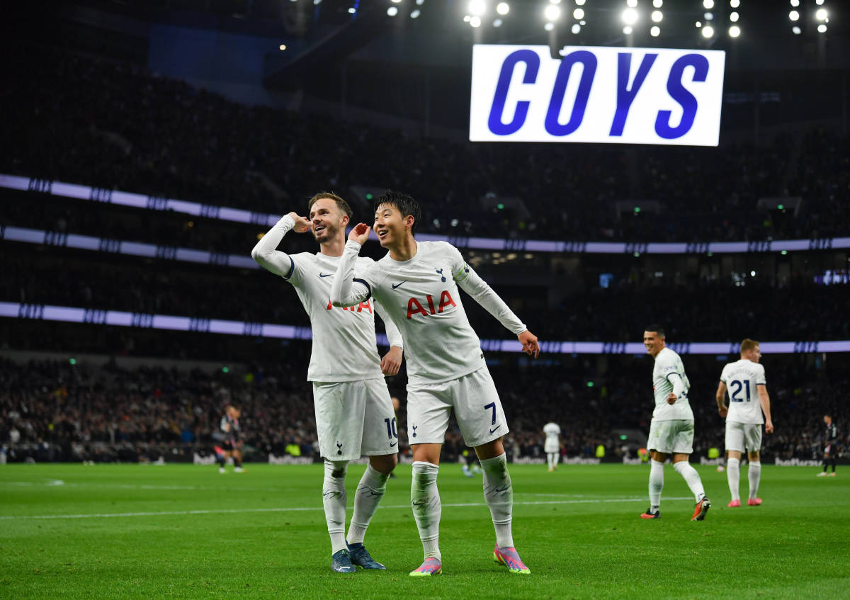 James Maddison (10) and Son Heung-min (7) pictured celebrating during Tottenham's 2-0 win over Fulham in October 2023
