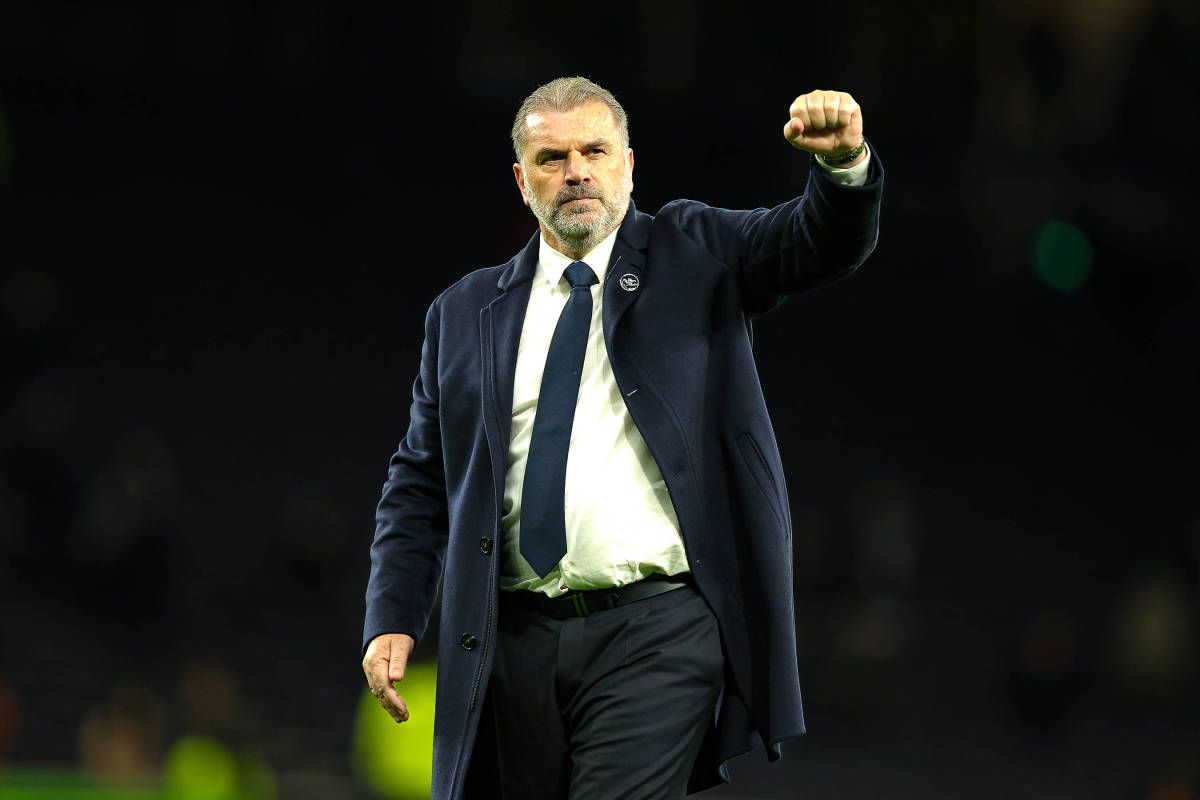 Tottenham manager Ange Postecoglou pictured raising his fist in celebration following his team's 2-0 win over Fulham in October 2023