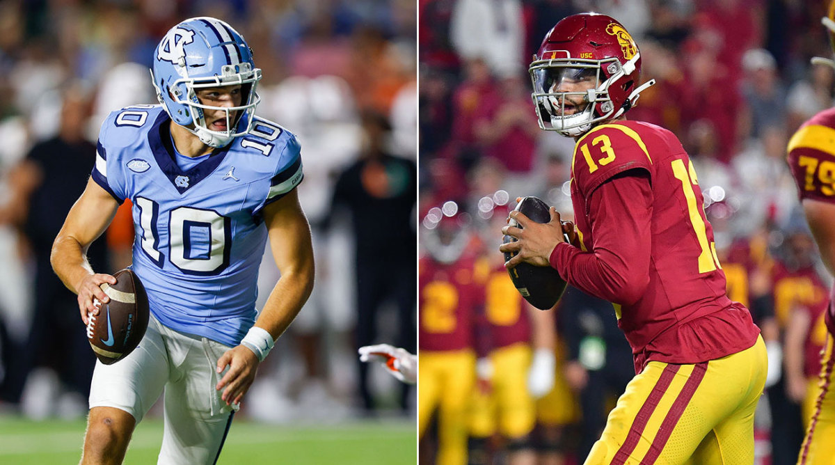 Separate photos of UNC QB Drake Maye and USC QB Caleb Williams