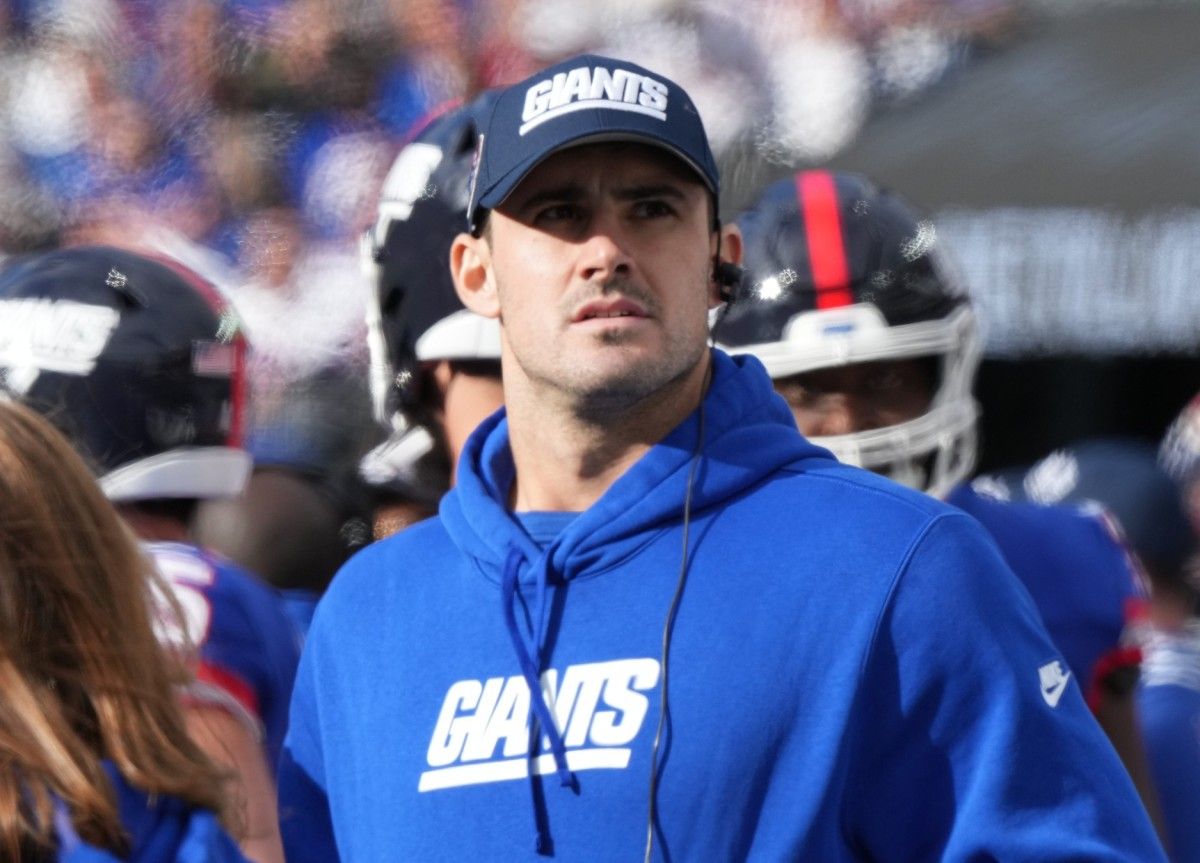 East Rutherford, NJ October 22, 2023 -- Daniel Jones of the Giants on the sidelines in the second half. The NY Giants host the Washington Commanders at MetLife Stadium in East Rutherford, NJ on October 22, 2023.