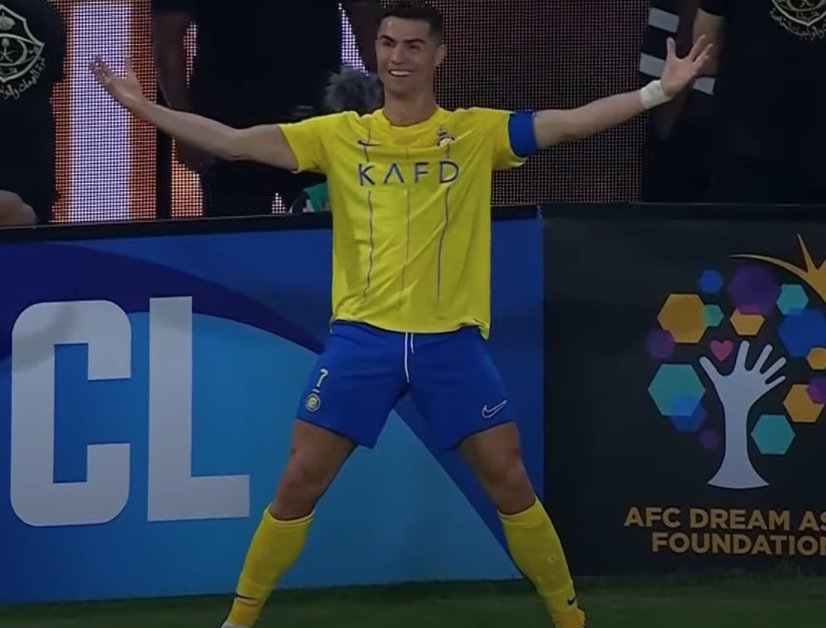 Cristiano Ronaldo pictured celebrating after scoring his second goal of the game in Al Nassr's 4-3 win over Al-Duhail in October 2023
