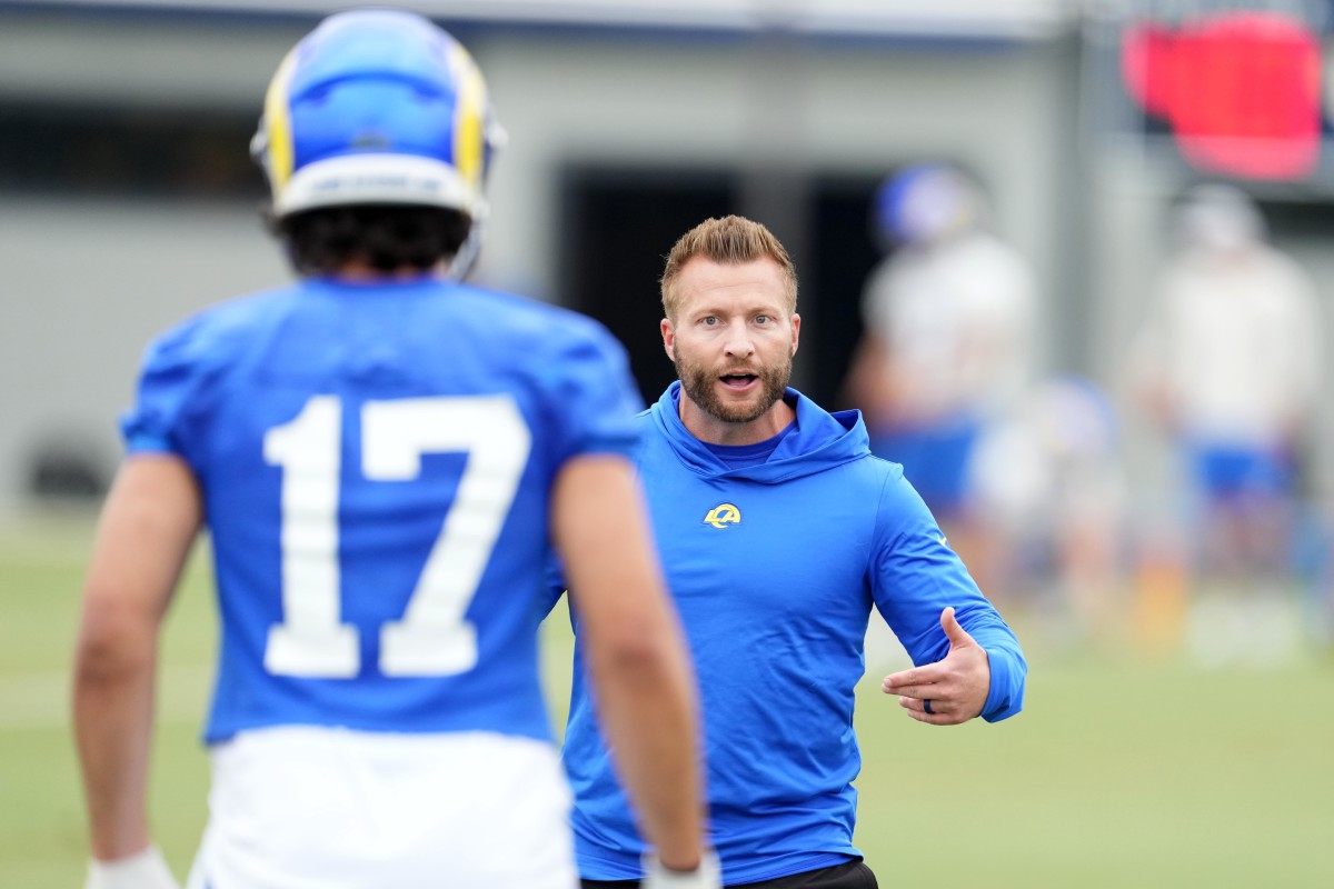 Sean McVay talks to Puka Nacua during offseason minicamp