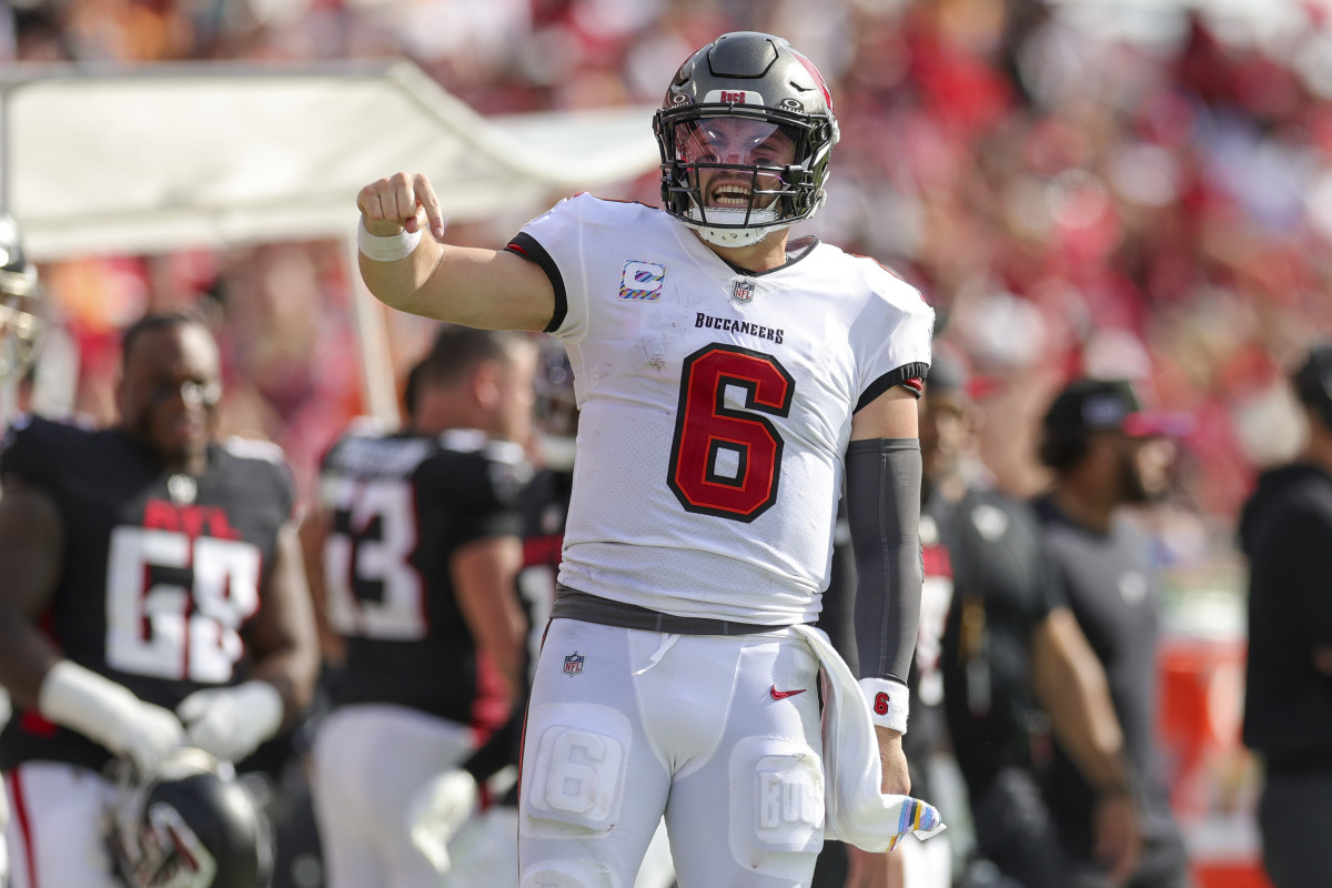 Mayfield gets excited in a tight divisional game against the Atlanta Falcons.