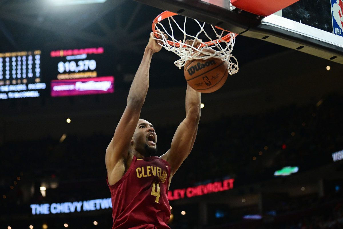 Apr 2, 2023; Cleveland, Ohio, USA; Cleveland Cavaliers forward Evan Mobley (4) dunks during the second half against the Indiana Pacers at Rocket Mortgage FieldHouse.