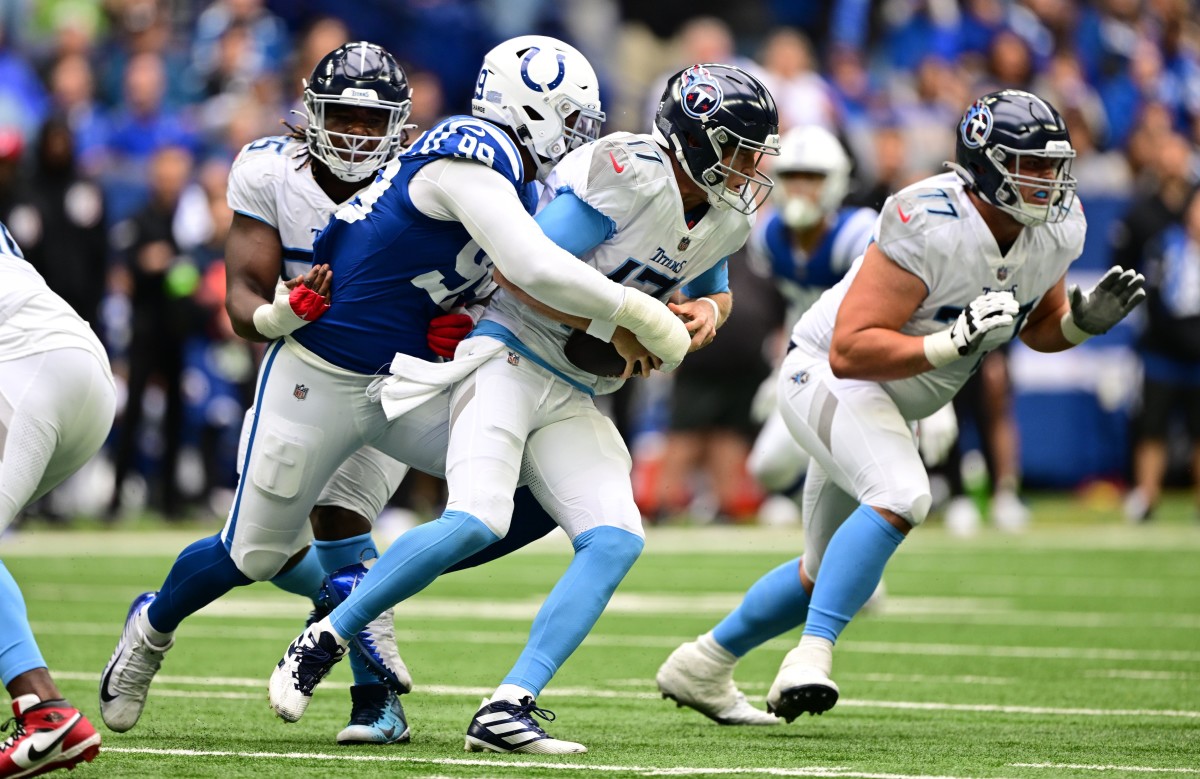 Oct 8, 2023; Indianapolis Colts defensive tackle DeForest Buckner (99) sacks Tennessee Titans quarterback Ryan Tannehill (17). Mandatory Credit: Marc Lebryk-USA TODAY Sports