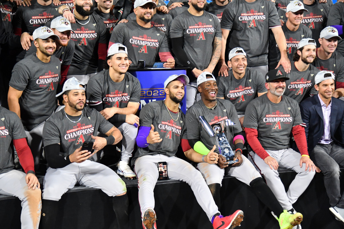 Oct 24, 2023; Philadelphia, Pennsylvania, USA; TheArizona Diamondbacks pose for a team photo after defeating the Philadelphia Phillies in game seven of the NLCS for the 2023 MLB playoffs at Citizens Bank Park. Mandatory Credit: Eric Hartline-USA TODAY Sports