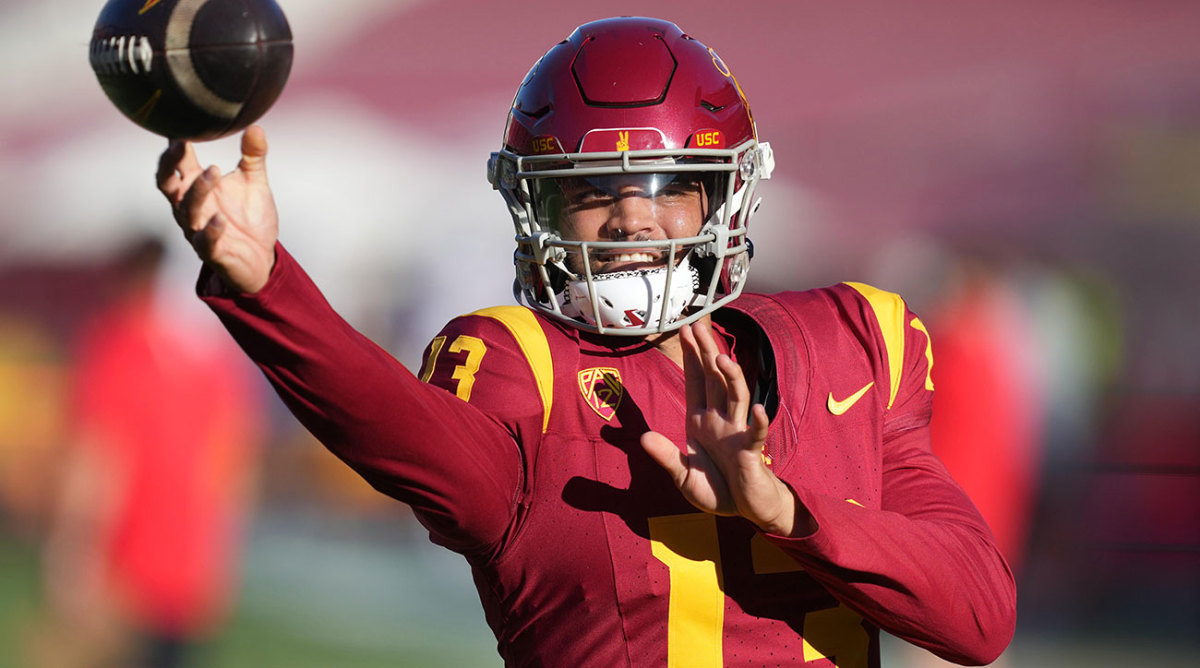 Caleb Williams releases the ball on a throw