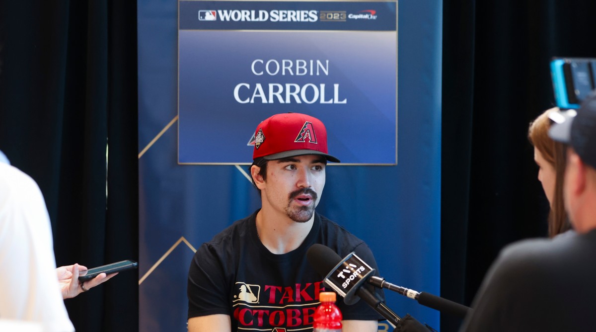 Diamondbacks outfielder Corbin Carroll speaks to reporters during a media session ahead of Game 1 of the 2023 World Series.