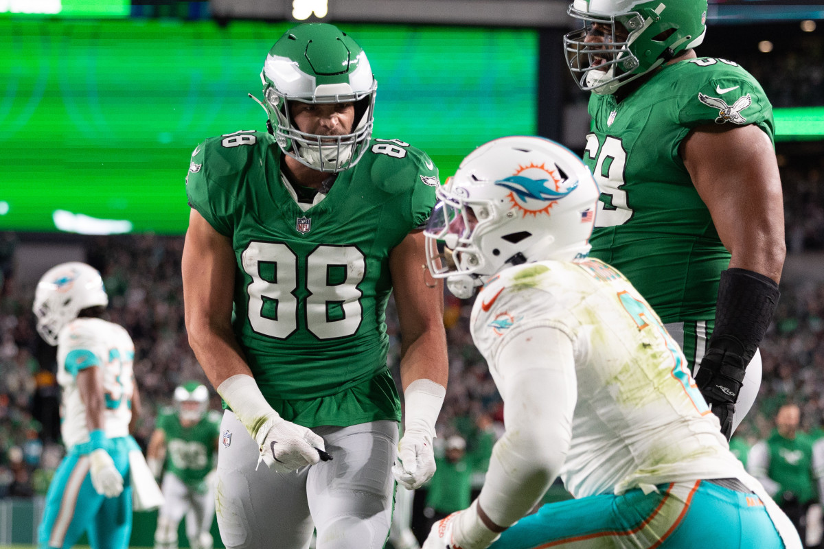 Philadelphia Eagles tight end Dallas Goedert reacts during the team's week 7 win over the Miami Dolphins. 