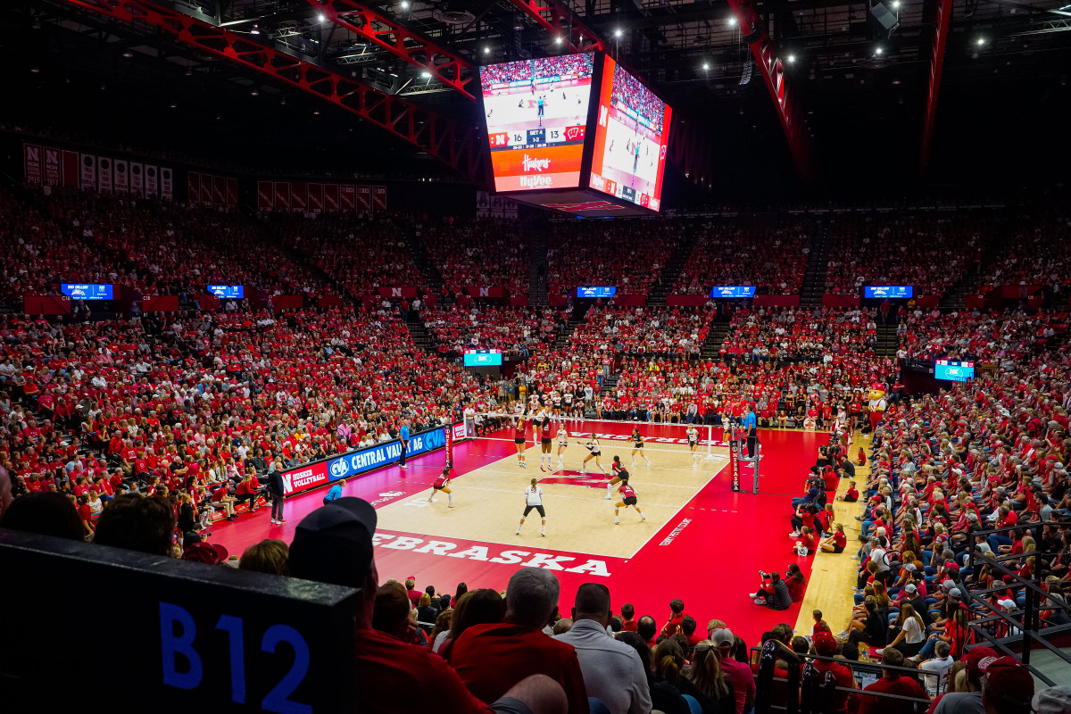 Oct 21, 2023; Lincoln, NE, USA; A record crowd watches the match between the Nebraska Cornhuskers and the Wisconsin Badgers at the Bob Devaney Sports Center. Mandatory Credit: Dylan Widger-USA TODAY Sports