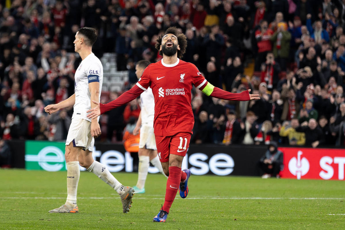 Mohamed Salah pictured celebrating after scoring for Liverpool in a 5-1 win over Toulouse in the UEFA Europa League in October 2023