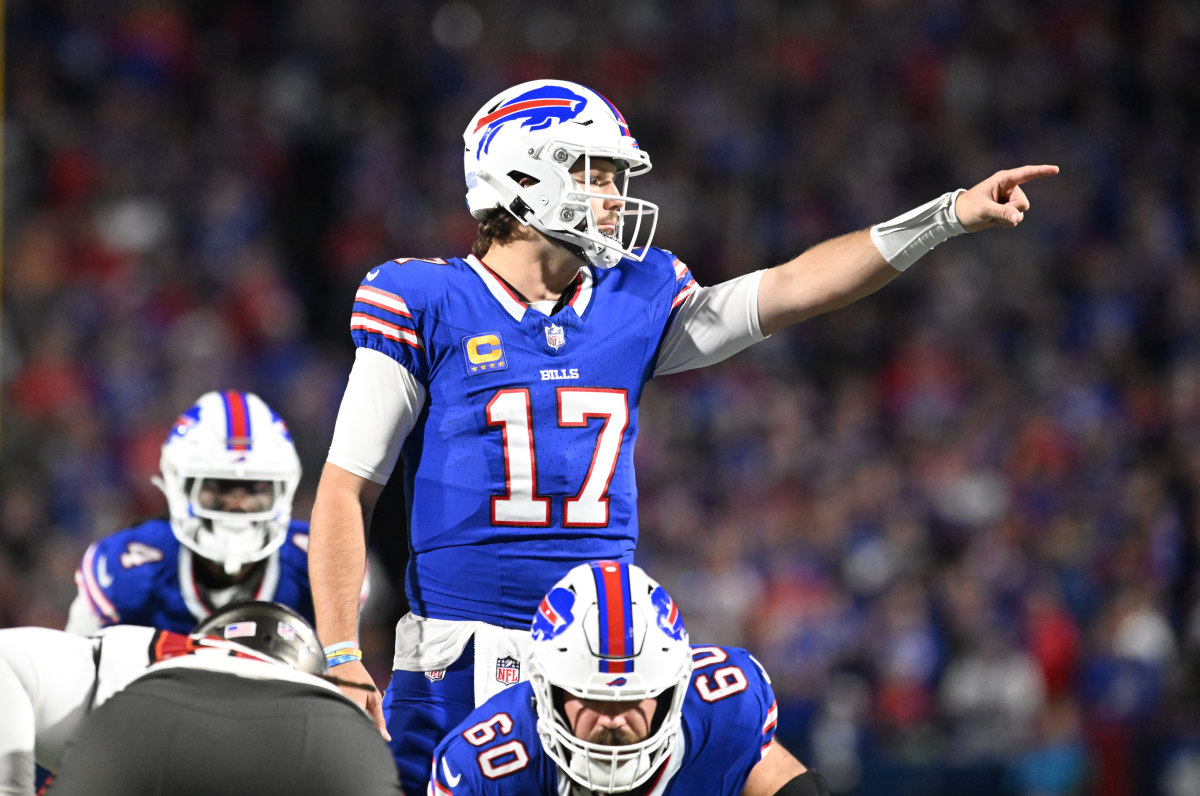 Buffalo Bills quarterback Josh Allen gestures in the second quarter against the Tampa Bay Buccaneers at Highmark Stadium.