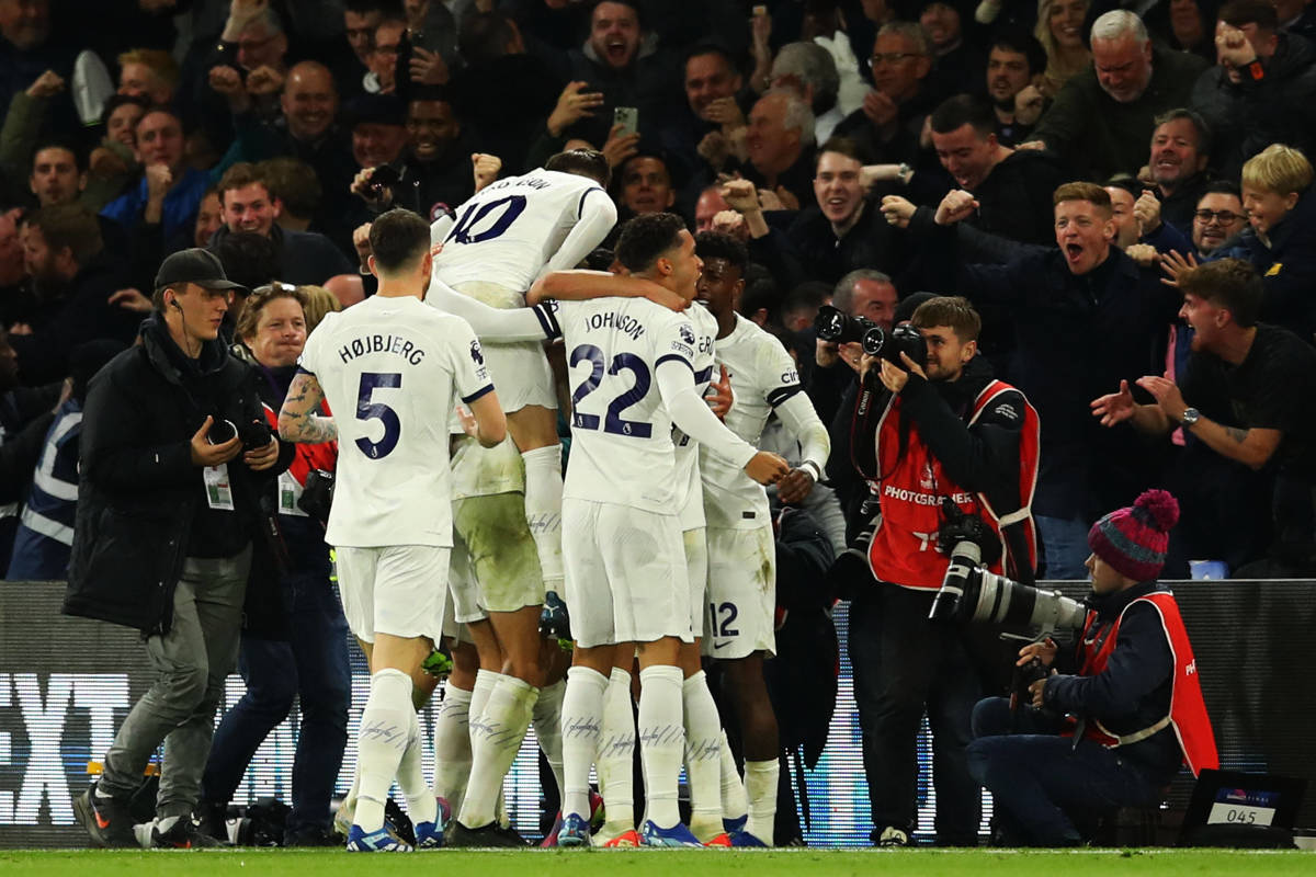 Tottenham Hotspur players and supporters pictured celebrating a goal during an away win at Crystal Palace in October 2023
