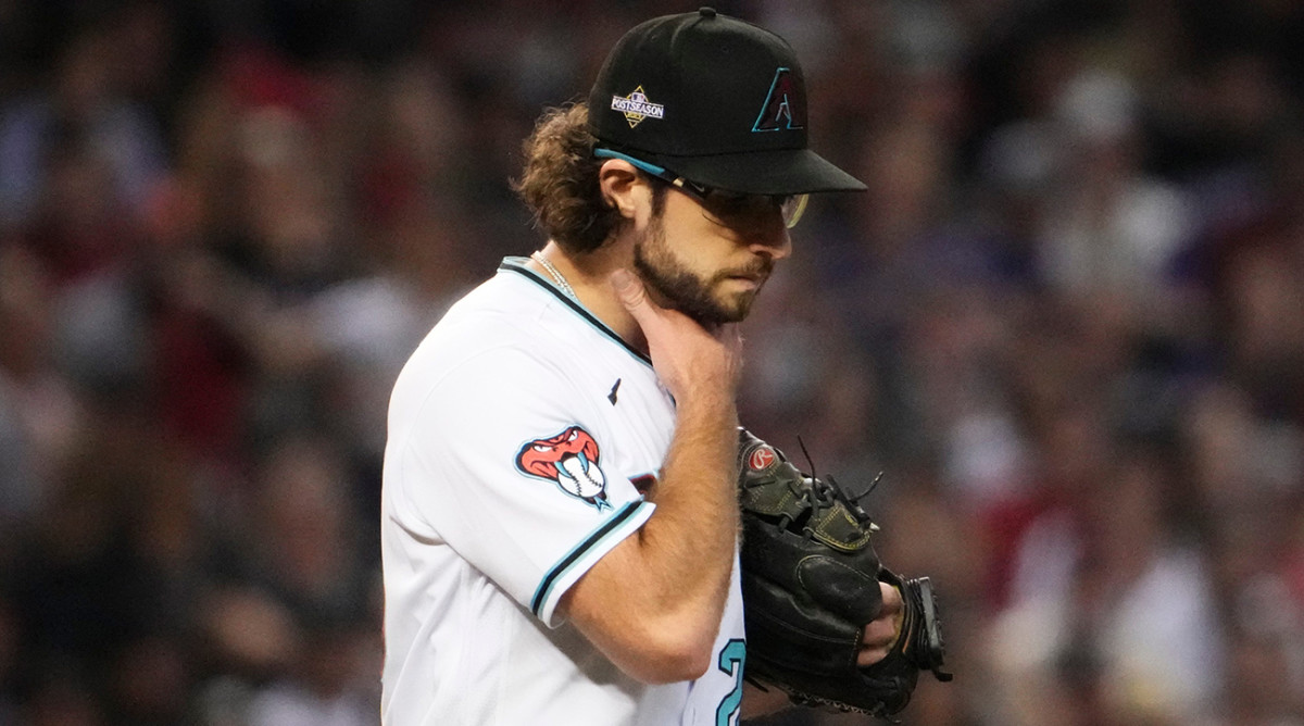 Zac Gallen looks worried on the mound vs. Phillies in the NLCS.