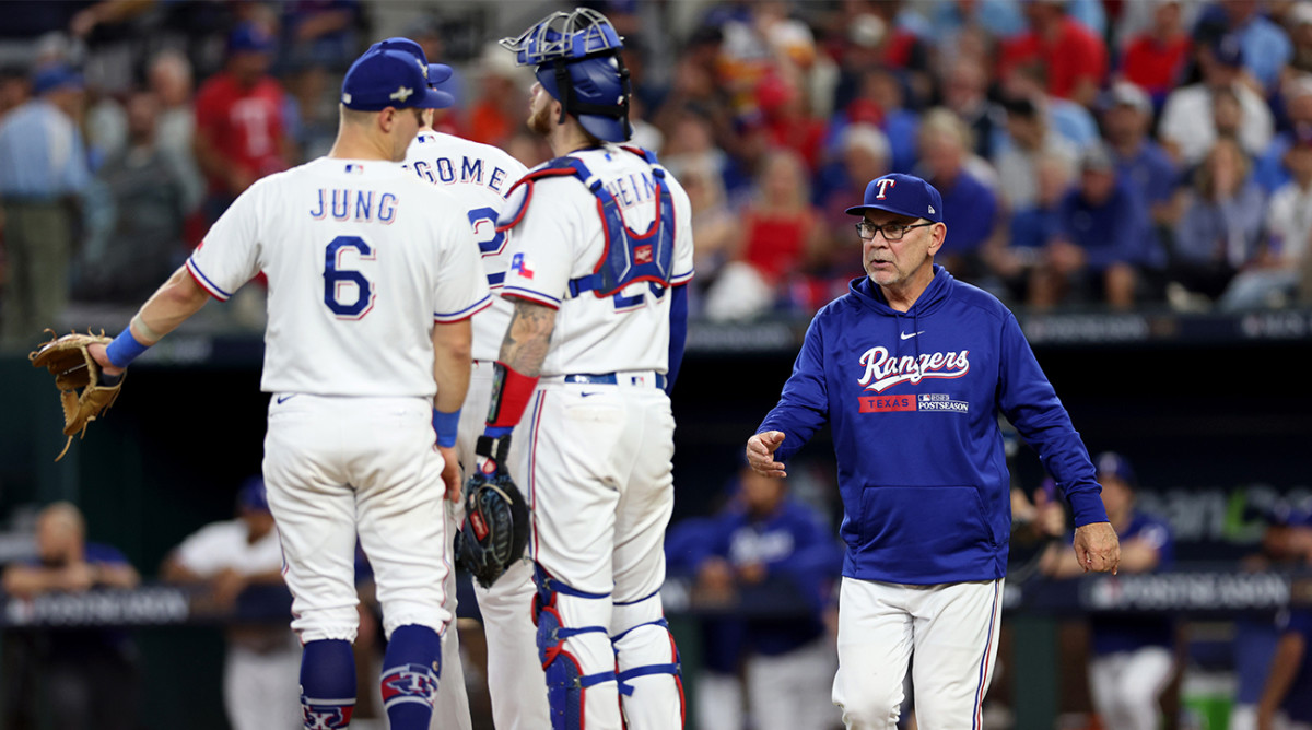 Rangers' Bruce Bochy removes pitcher Jordan Montgomery in the ALCS against the Astros.