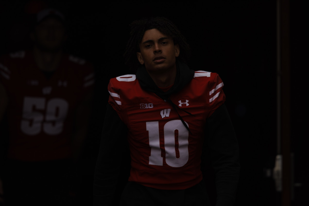 Oct 14, 2023; Madison, Wisconsin, USA; Wisconsin Badgers cornerback Nyzier Fourqurean (10) prior to the game against the Iowa Hawkeyes at Camp Randall Stadium. Mandatory Credit: Jeff Hanisch-USA TODAY Sports