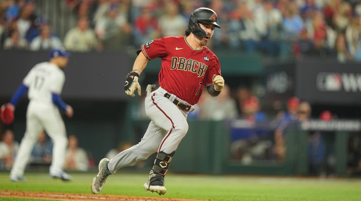 Diamondbacks left fielder Corbin Carroll runs the bases during Game 1 of the World Series.