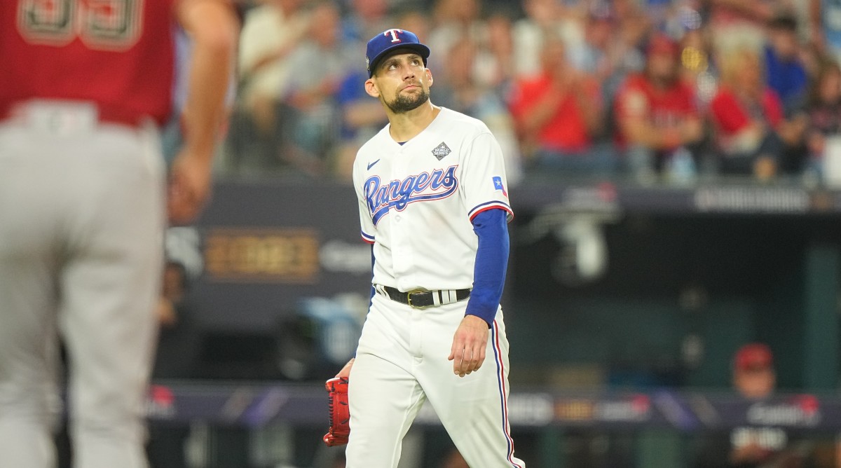 Rangers pitcher Nathan Eovaldi looks on during his start in Game 1 of the World Series.