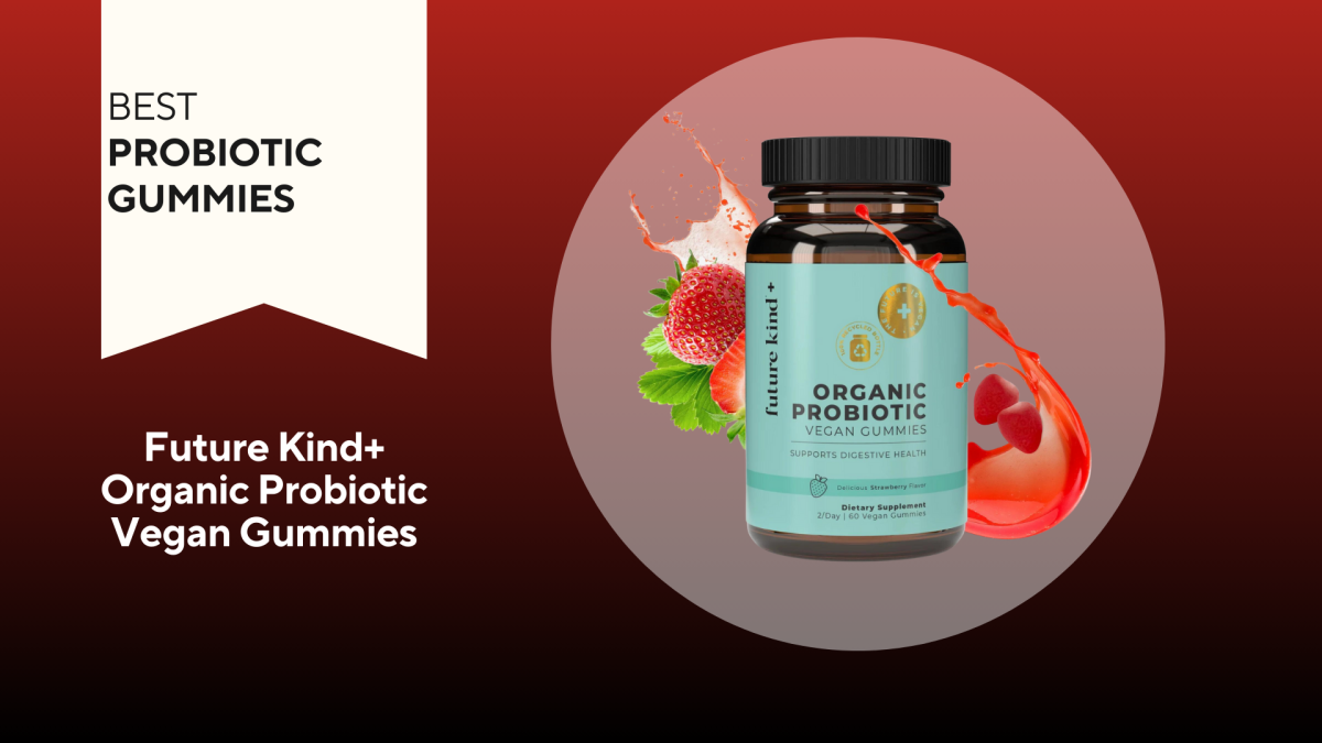 A red background with a white banner that says, "Best Probiotic Gummies" next to an amber and teal bottle of Future Kind Organic Probiotic Vegan Gummies in Strawberry flavor