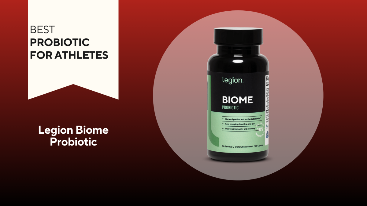A red background with a white banner that says, "Best Probiotic for Athletes" next to a black and green bottle of Legion Biome Probiotic