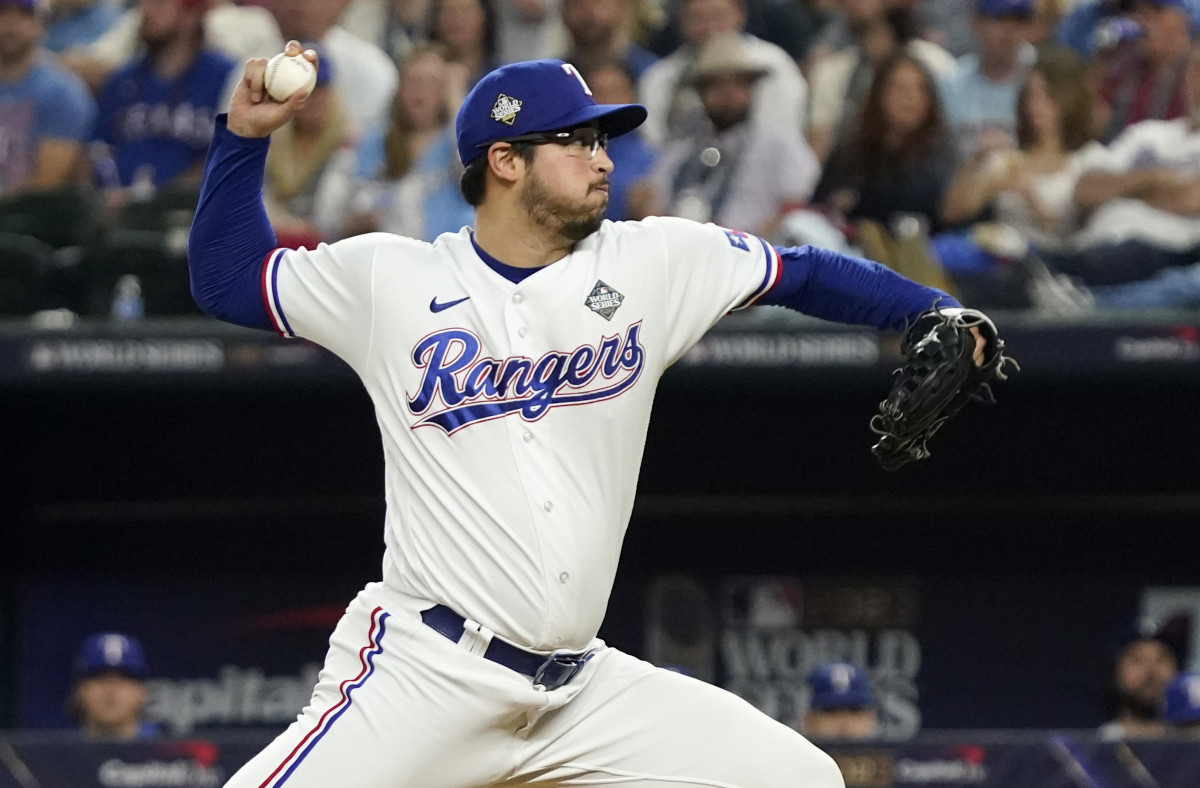 Oct 27, 2023; Arlington, TX, USA; Texas Rangers pitcher Dane Dunning (33) throws during the fifth inning in game one of the 2023 World Series against the Arizona Diamondbacks at Globe Life Field. Mandatory Credit: Raymond Carlin III-USA TODAY Sports