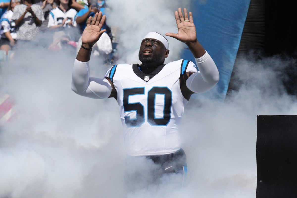 Carolina Panthers linebacker Justin Houston (50) takes the field during the first half against the Minnesota Vikings at Bank of America Stadium.