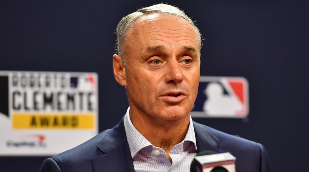 MLB commissioner Rob Manfred speaks at a press conference.